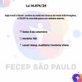 Reunião do FECEP, no dia 8 de setembro, às 10h, na Assembleia Legislativa do Estado de São Paulo (Alesp)